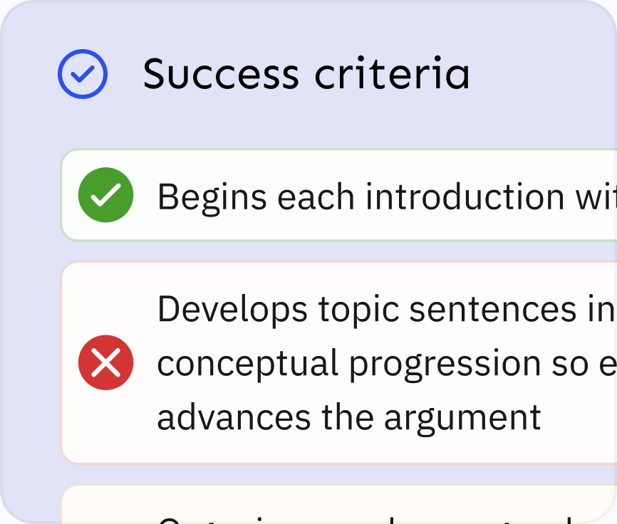 Success criteria showing strengths and areas to improve