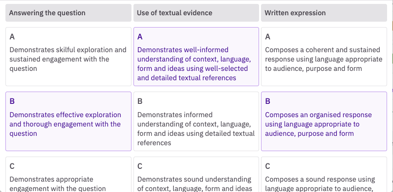 JeddAI rubric grading for answering the question, use of textual evidence and written expression